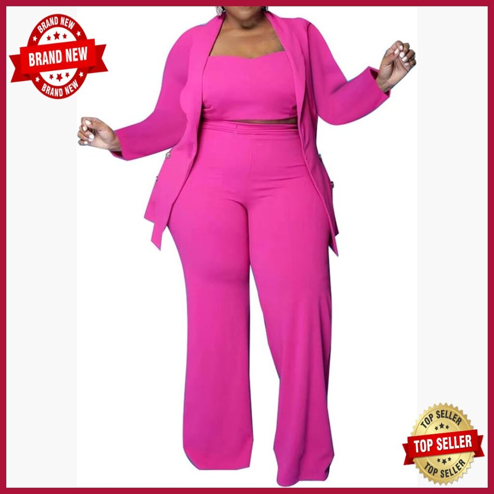 Plus Size 3-Piece Blazer Pantsuit Set Stretch Polyester Business Casual